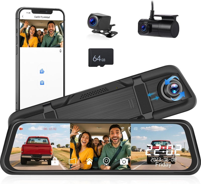 UNITOPSCI 3 Channel 9.66'' WiFi Mirror Dash Cam with Front and Rear Camera IPS Touch Screen,Triple Rear View Mirror Camera with App Recording,64GB TF Card,Loop Recording,Night Vision, G-Sensor Parking Monitor - Image 1